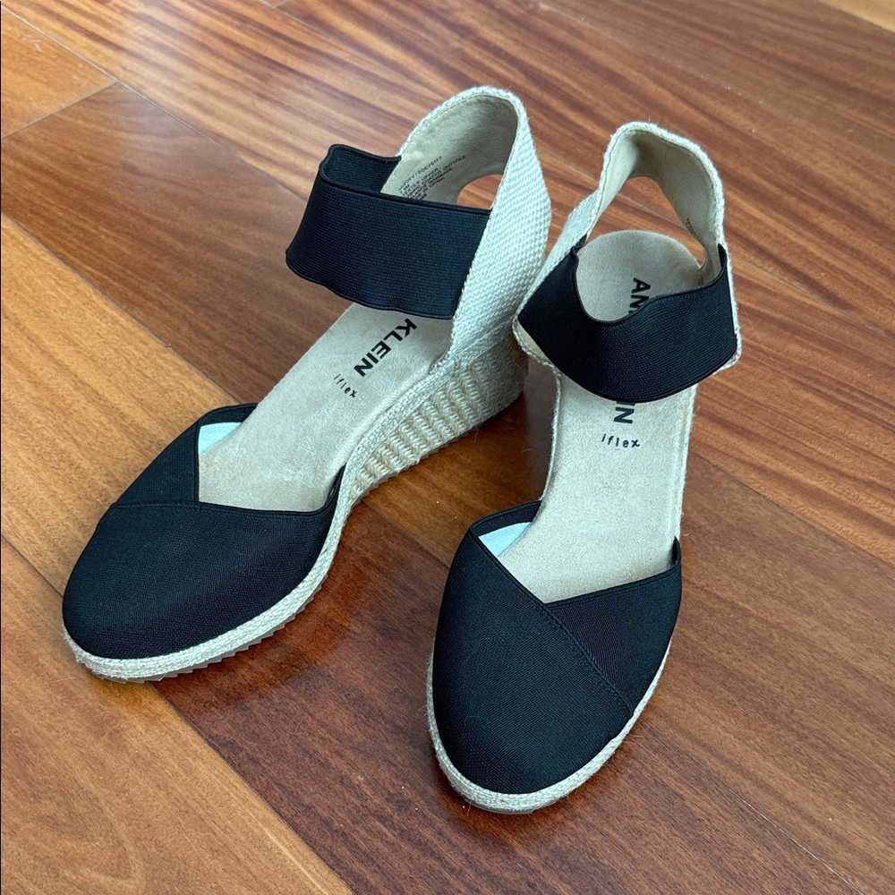 Anne Klein Black and Cream Espadrille Wedges